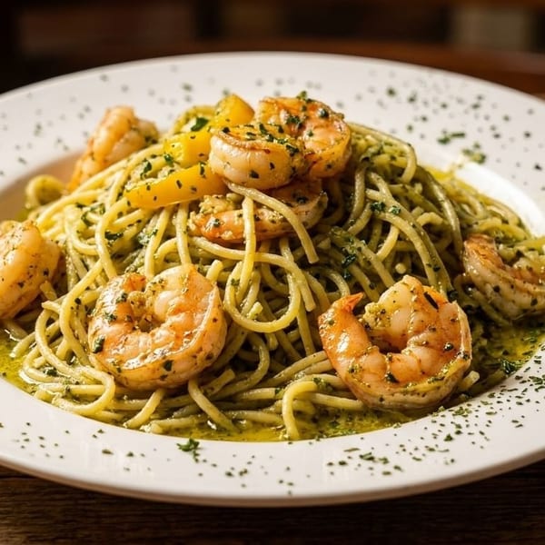 Spaghetti with pesto sauce, large shrimp, and diced yellow bell peppers on a white plate.