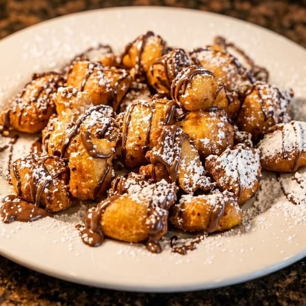 A white plate filled with golden-brown fried dough balls, drizzled with chocolate and powdered sugar.