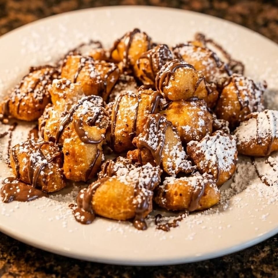 A white plate filled with golden-brown fried dough balls, drizzled with chocolate and powdered sugar.