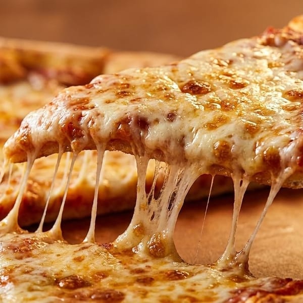 A slice of hot cheese pizza being lifted, with melted cheese stretching from the pie.