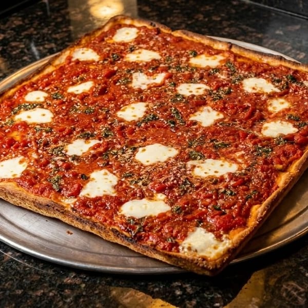 Square Detroit-style pizza with rich red sauce, melted mozzarella, and basil on a metal pan.
