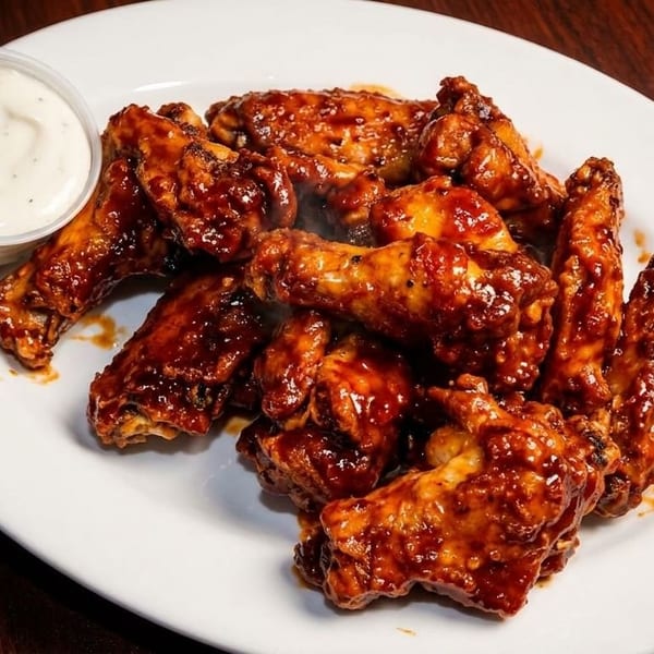 A white plate piled high with glistening, saucy chicken wings and a side of ranch dressing.