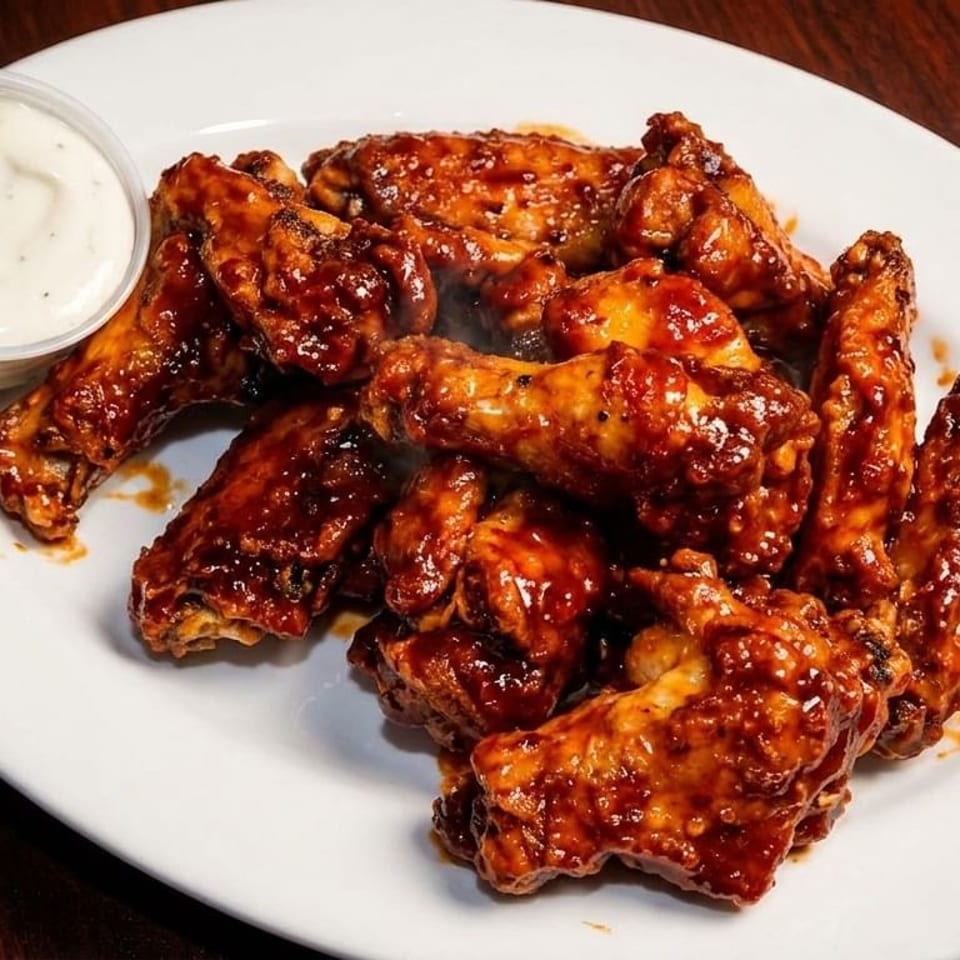A white plate piled high with glistening, saucy chicken wings and a side of ranch dressing.