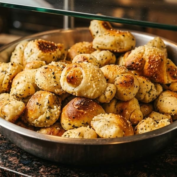 A large metal bowl filled with golden-brown garlic knots, sprinkled with herbs and cheese.