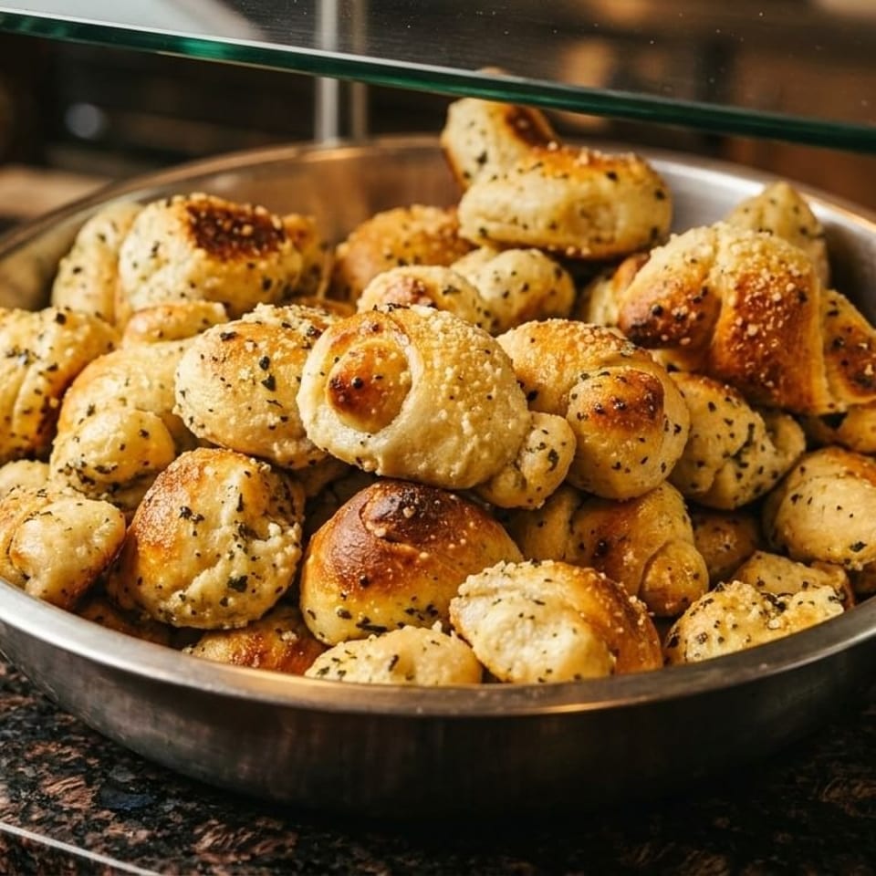 A large metal bowl filled with golden-brown garlic knots, sprinkled with herbs and cheese.