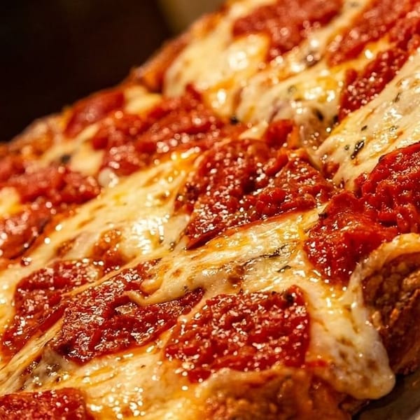 Close-up of a rectangular deep-dish pizza with melted cheese and rich red sauce.