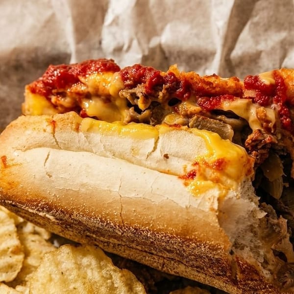 Cheesesteak sandwich with melted cheese, marinara sauce, and potato chips on crumpled paper.