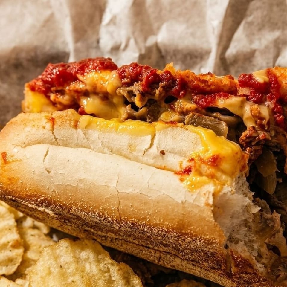 Cheesesteak sandwich with melted cheese, marinara sauce, and potato chips on crumpled paper.