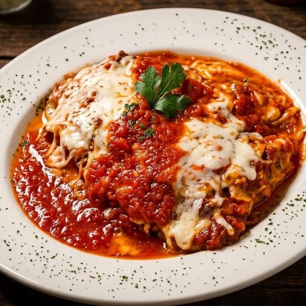 A white plate holds a serving of lasagna topped with melted cheese, red sauce, and a parsley garnish.