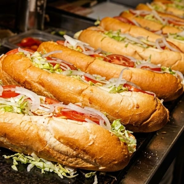 A row of fresh submarine sandwiches with lettuce, tomatoes, and onions on a metal counter.