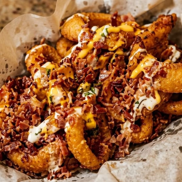 Crispy onion rings topped with melted cheese, white sauce, and crumbled bacon in a basket.