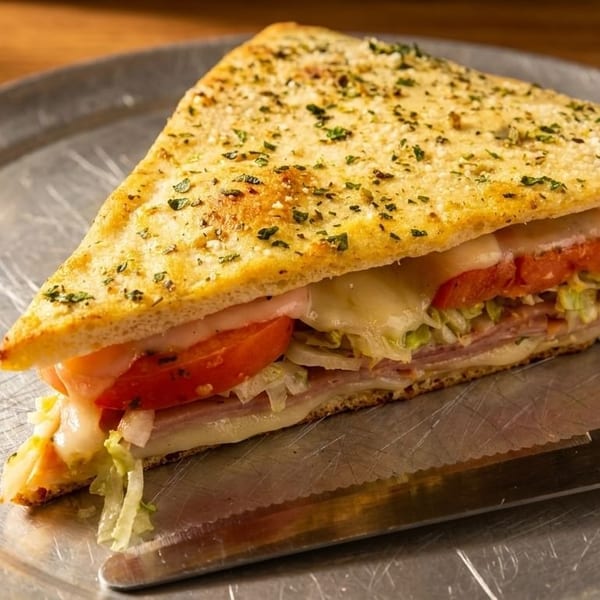 A triangular sandwich with melted cheese, ham, lettuce, and tomatoes on a metal plate with a knife.
