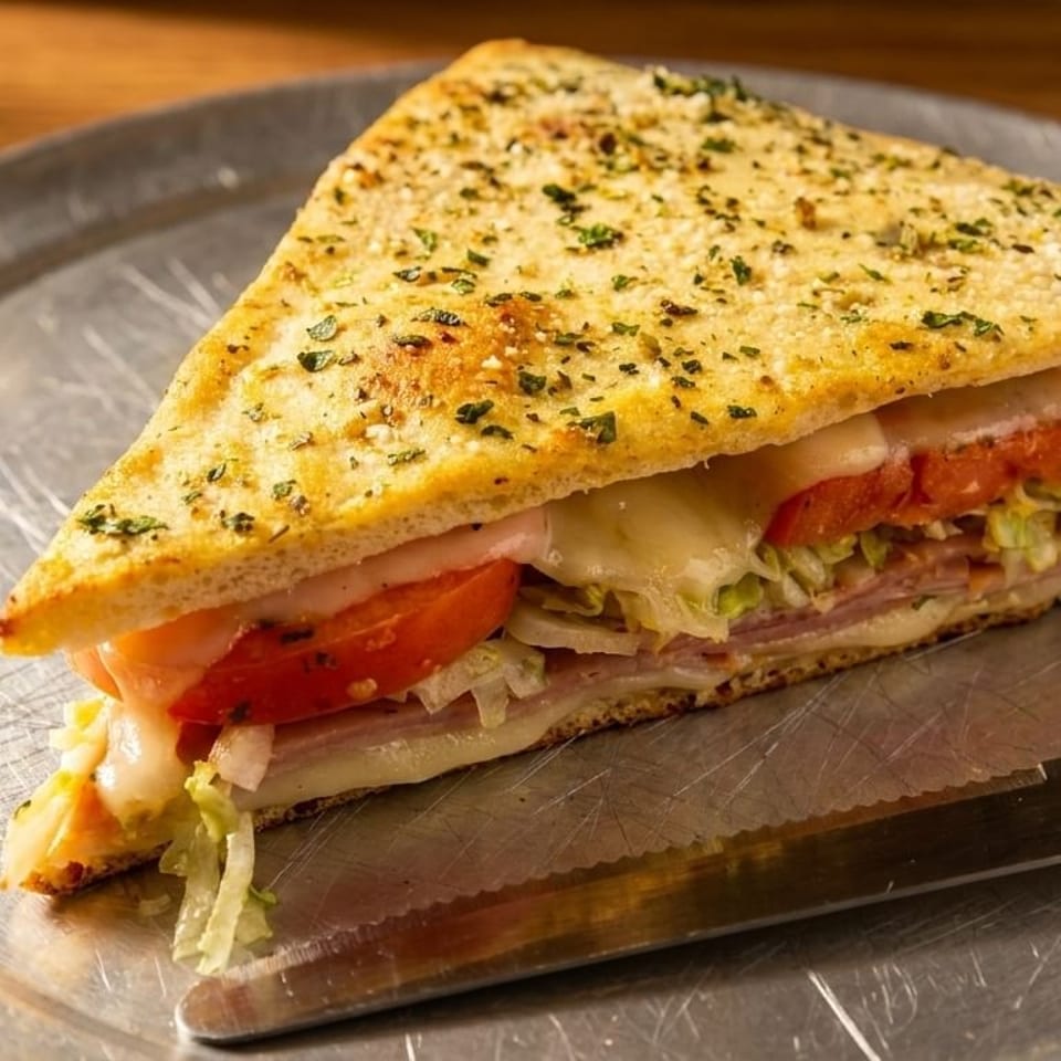 A triangular sandwich with melted cheese, ham, lettuce, and tomatoes on a metal plate with a knife.