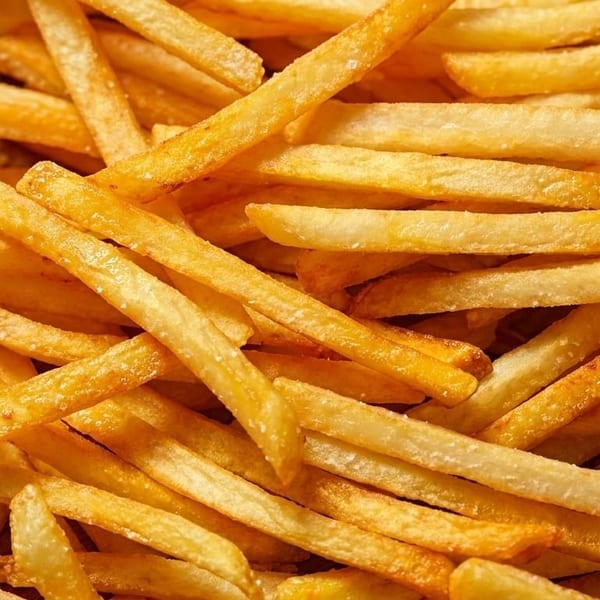 Close-up of a pile of golden-brown, salted french fries on a wooden surface.