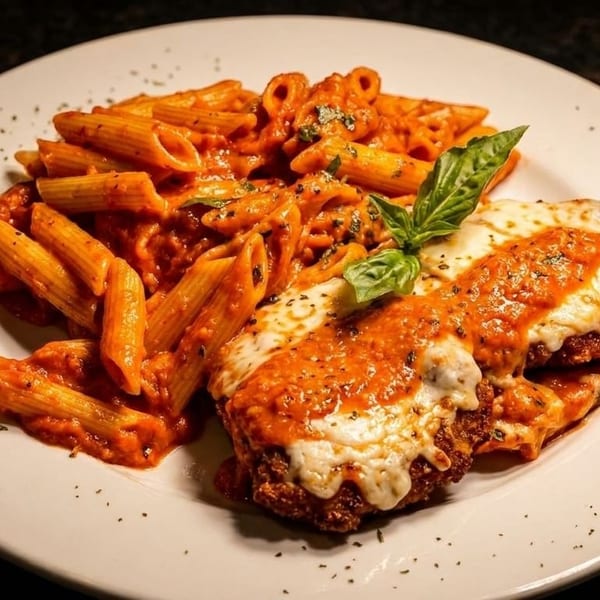 Chicken parmesan with penne pasta in red sauce, garnished with fresh basil on a white plate.