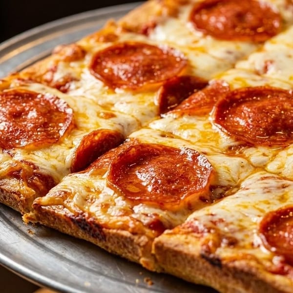 Close-up of a rectangular pepperoni pizza with melted cheese, cut into squares on a metal tray.