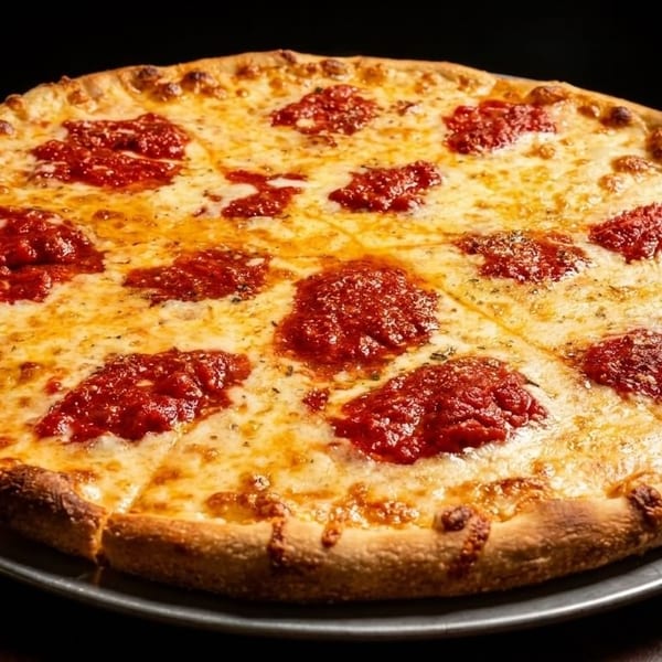 A whole cheese pizza with dollops of red sauce on a metal pan, on a dark table.