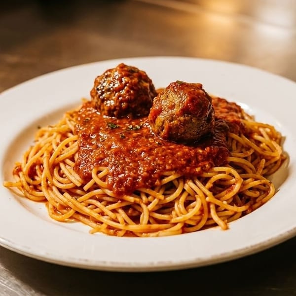 Spaghetti with two large meatballs and rich red marinara sauce on a white plate.