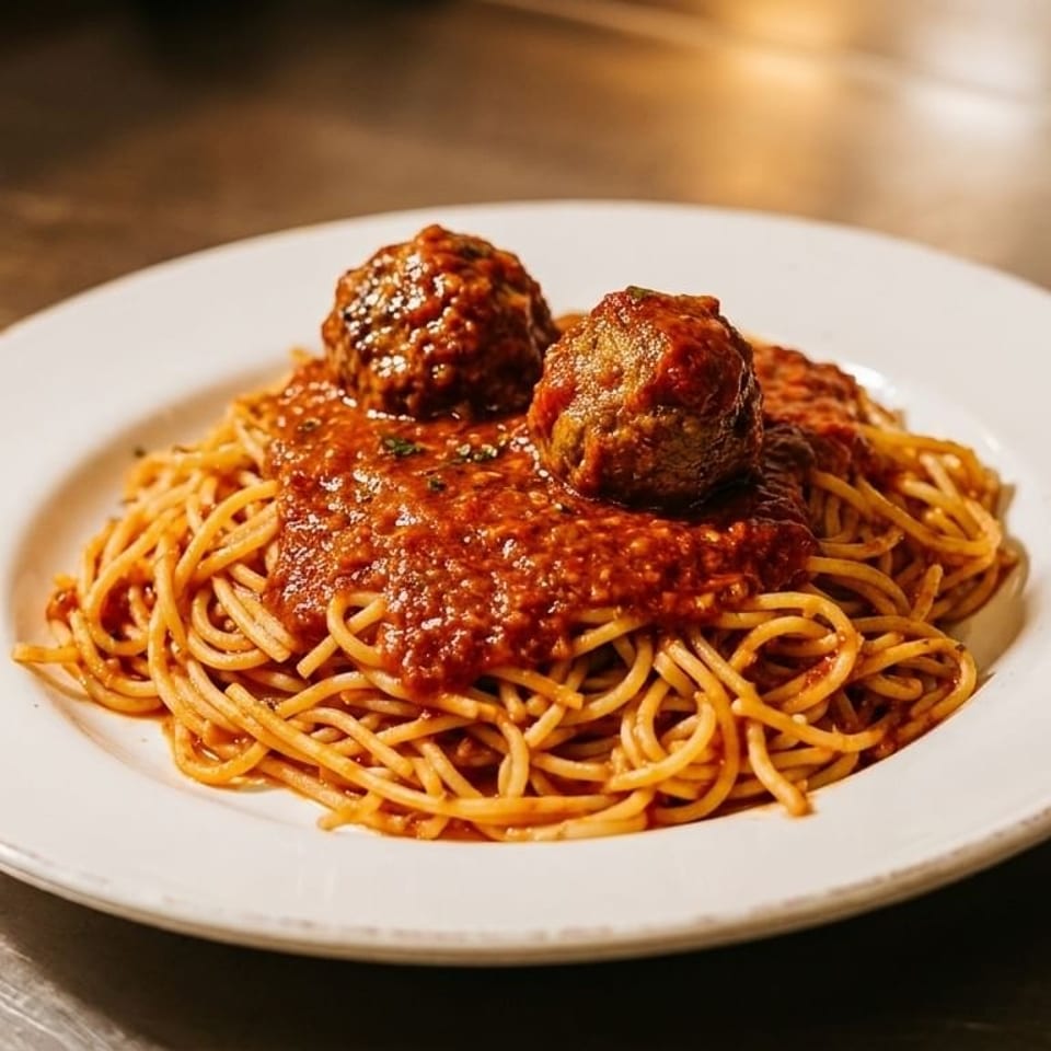 Spaghetti with two large meatballs and rich red marinara sauce on a white plate.